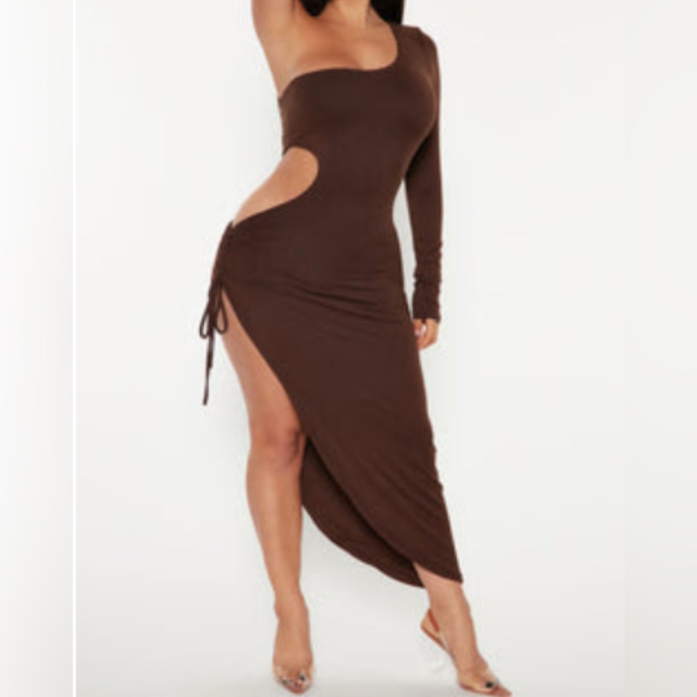 Fashion Nova Brown Asymmetrical One-Shoulder Bodycon Dress